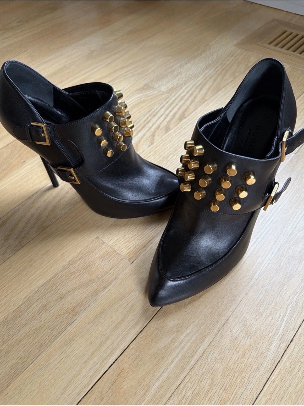 Gucci Black Leather Studded High-Heel Ankle Booties edgy, glam-rock